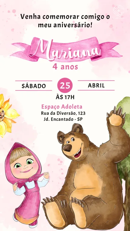 Convite Digital Masha e o Urso Aquarela