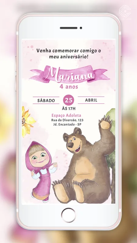 Convite Digital Masha e o Urso Aquarela
