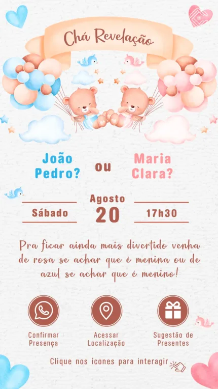 Convite Interativo Chá Revelação Ursinhos