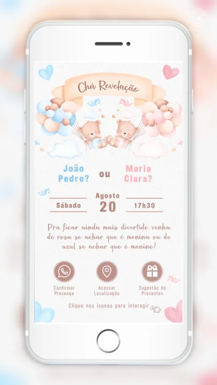 Convite Interativo Chá Revelação Ursinhos