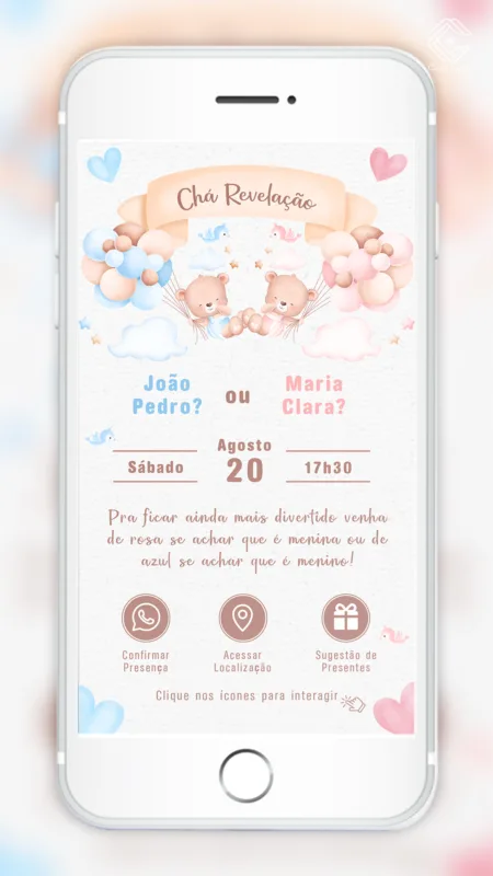 Convite Interativo Chá Revelação Ursinhos