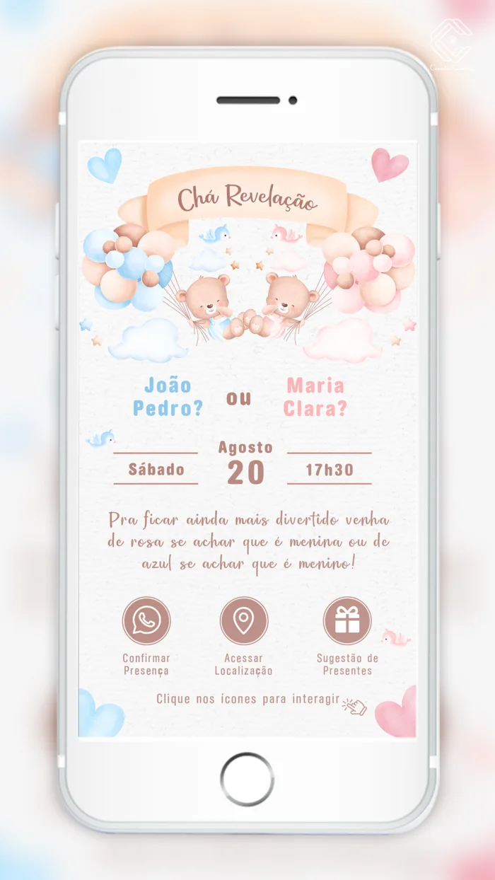 Convite Interativo Chá Revelação Ursinhos