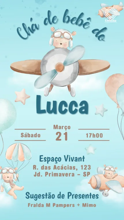 Convite Digital Chá de Bebê Ursinho Aviador