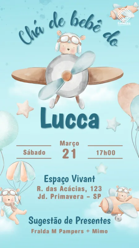 Convite Digital Chá de Bebê Ursinho Aviador